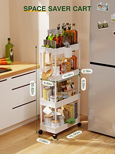 LEHOM Slim Rolling Storage Cart - 4 Tiers Bathroom Organizer Utility Cart | Slide Out Storage Shelves Mobile Shelving Unit for Kitchen, Bedroom, Office, Laundry Room, Small Narrow Spaces (7.1" W+White)