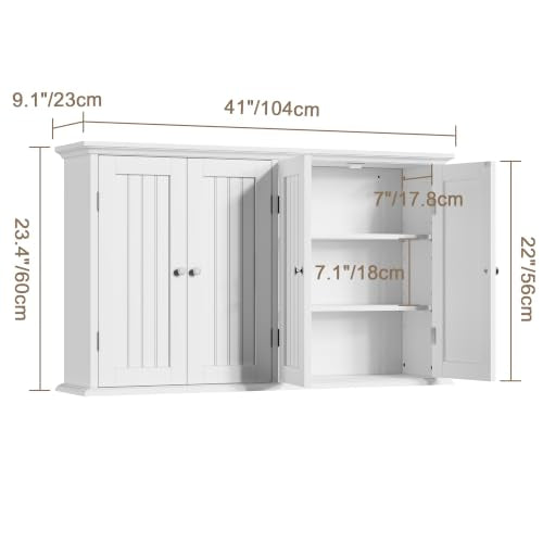 ChooChoo Laundry Cabinet with 4 Doors and Adjustable Shelves | 9.06"D x 40.9"W x 24"H, Bathroom Wall Cabinet, Cupboard, White
