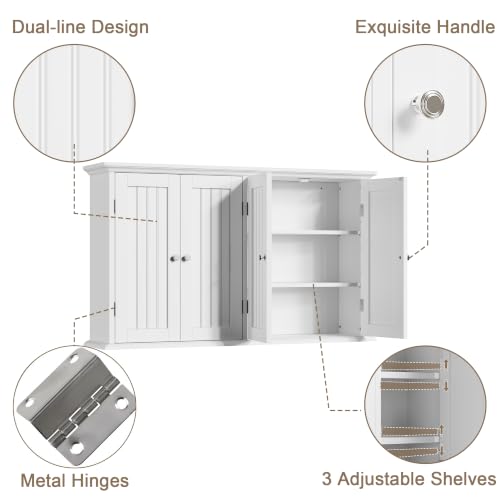 ChooChoo Laundry Cabinet with 4 Doors and Adjustable Shelves | 9.06"D x 40.9"W x 24"H, Bathroom Wall Cabinet, Cupboard, White
