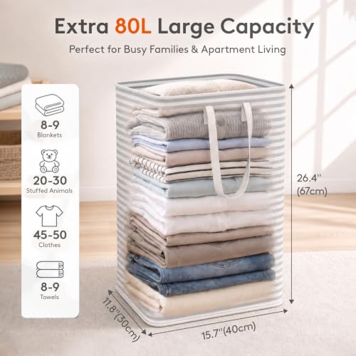 Lifewit 2 Pack Laundry Basket 80L Each, Collapsible Clothes Hamper with Reinforced Handles, Freestanding Waterproof Design for Bedroom and Laundry Room, Grey 160L Total