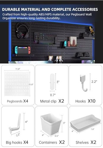 Pegboard Wall Organizer Kit, Modular Storage System, White | 4 Modular 11.8" Pegboards with Hooks & Storage Baskets, Durable ABS/HIPS for Gaming, Office, Craft & Home Organization