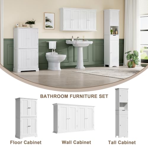 ChooChoo Laundry Cabinet with 4 Doors and Adjustable Shelves | 9.06"D x 40.9"W x 24"H, Bathroom Wall Cabinet, Cupboard, White
