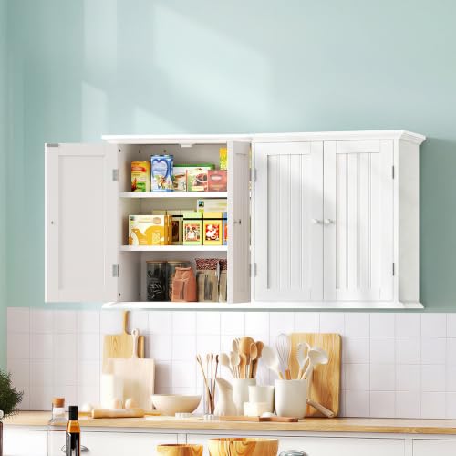 ChooChoo Laundry Cabinet with 4 Doors and Adjustable Shelves | 9.06"D x 40.9"W x 24"H, Bathroom Wall Cabinet, Cupboard, White