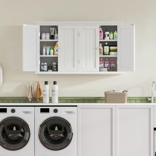 ChooChoo Laundry Cabinet with 4 Doors and Adjustable Shelves | 9.06"D x 40.9"W x 24"H, Bathroom Wall Cabinet, Cupboard, White