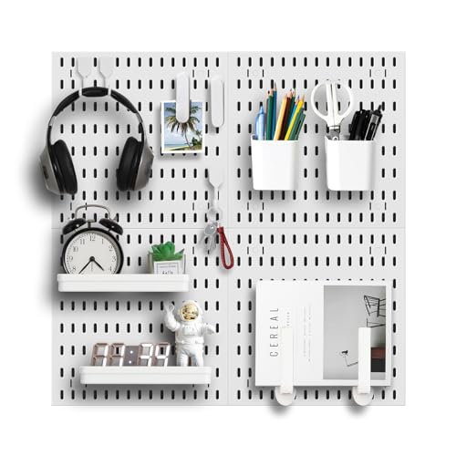 Pegboard Wall Organizer Kit, Modular Storage System, White | 4 Modular 11.8" Pegboards with Hooks & Storage Baskets, Durable ABS/HIPS for Gaming, Office, Craft & Home Organization