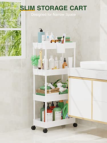LEHOM Slim Rolling Storage Cart - 4 Tiers Bathroom Organizer Utility Cart | Slide Out Storage Shelves Mobile Shelving Unit for Kitchen, Bedroom, Office, Laundry Room, Small Narrow Spaces (7.1" W+White)