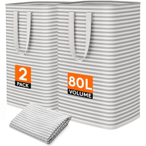Lifewit 2 Pack Laundry Basket 80L Each, Collapsible Clothes Hamper with Reinforced Handles, Freestanding Waterproof Design for Bedroom and Laundry Room, Grey 160L Total