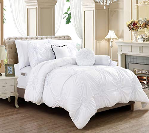 Elegant Comfort Ultra Soft 10-Piece Sunflower Bed-in-a-Bag, Comforter Set Featuring Decorative Pillows and Fitted Sheet with Storage Pockets, Sunflower Comforter, King, Gardenia White