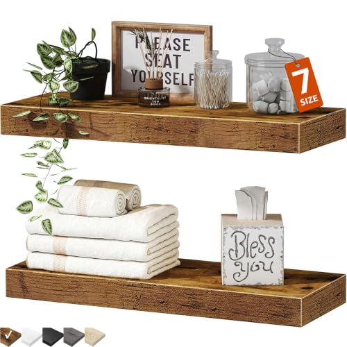 QEEIG Bathroom Floating Shelves for Wall - 15.7" Wall Mounted Shelf Over Toilet Farmhouse Home Decor Display Bookshelf Small 15.7 x 6.7 inch Set of 2, Rustic Brown (008-40BN)