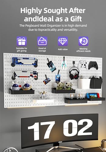 Pegboard Wall Organizer Kit, Modular Storage System, White | 4 Modular 11.8" Pegboards with Hooks & Storage Baskets, Durable ABS/HIPS for Gaming, Office, Craft & Home Organization