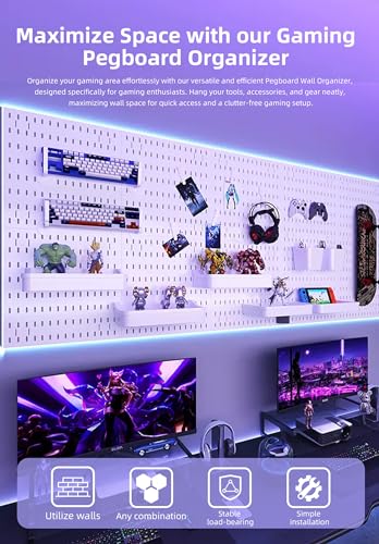 Pegboard Wall Organizer Kit, Modular Storage System, White | 4 Modular 11.8" Pegboards with Hooks & Storage Baskets, Durable ABS/HIPS for Gaming, Office, Craft & Home Organization