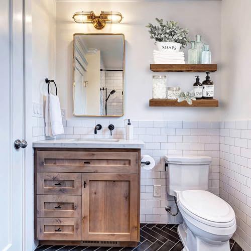 QEEIG Bathroom Floating Shelves for Wall - 15.7" Wall Mounted Shelf Over Toilet Farmhouse Home Decor Display Bookshelf Small 15.7 x 6.7 inch Set of 2, Rustic Brown (008-40BN)