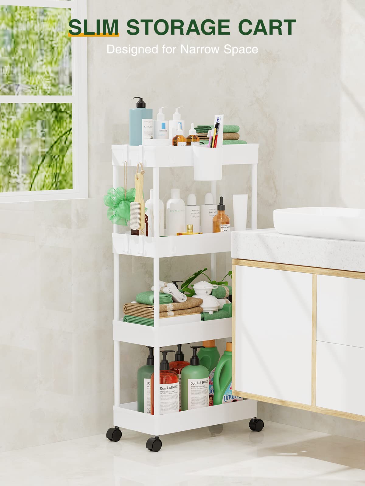 LEHOM Slim Rolling Storage Cart - 4 Tiers Bathroom Organizer Utility Cart | Slide Out Storage Shelves Mobile Shelving Unit for Kitchen, Bedroom, Office, Laundry Room, Small Narrow Spaces (7.1" W+White)