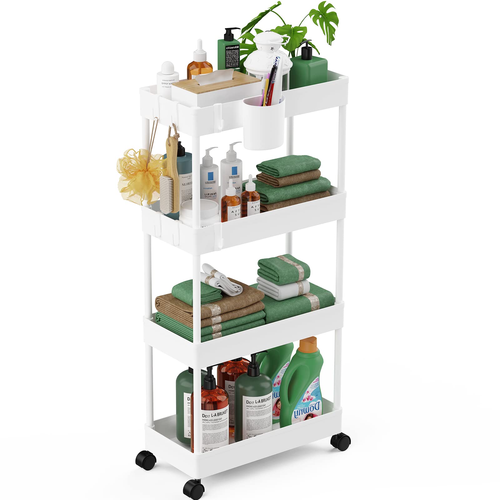 LEHOM Slim Rolling Storage Cart - 4 Tiers Bathroom Organizer Utility Cart | Slide Out Storage Shelves Mobile Shelving Unit for Kitchen, Bedroom, Office, Laundry Room, Small Narrow Spaces (7.1" W+White)