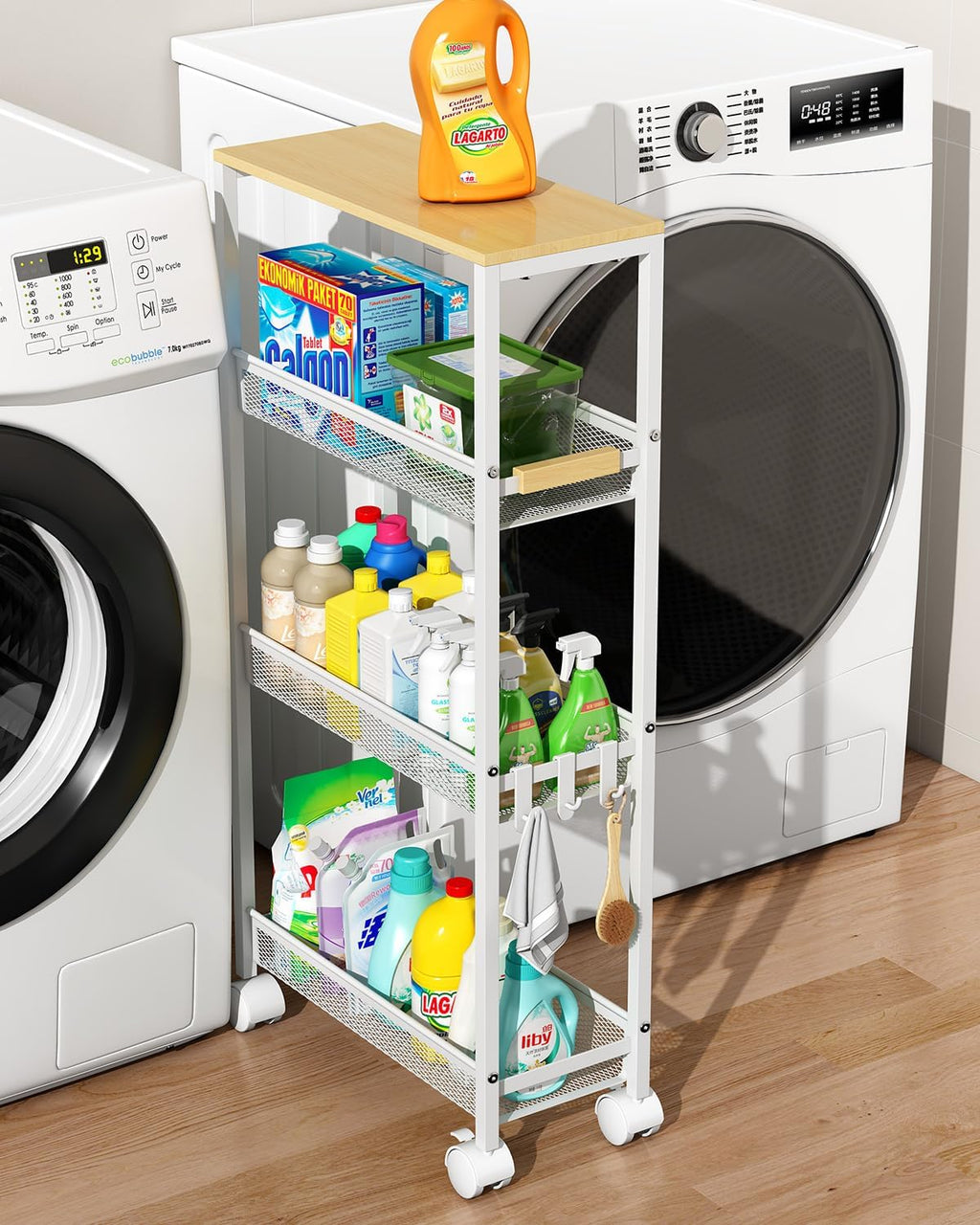 Utility Slim Storage Cart, 4 Tier Rolling Cart with Wheels,  Laundry Shelves for Room Organization
