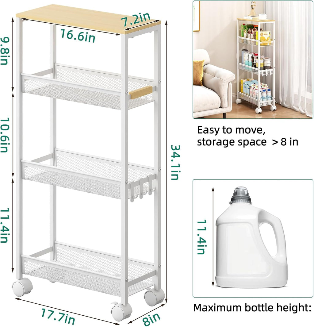Utility Slim Storage Cart, 4 Tier Rolling Cart with Wheels,  Laundry Shelves for Room Organization