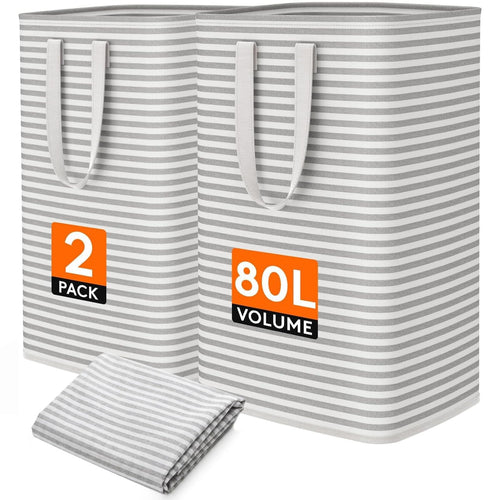 Lifewit 2 Pack Laundry Basket 80L Each, Collapsible Clothes Hamper with Reinforced Handles, Freestanding Waterproof Design for Bedroom and Laundry Room, Grey 160L Total