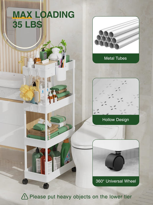 LEHOM Slim Rolling Storage Cart - 4 Tiers Bathroom Organizer Utility Cart | Slide Out Storage Shelves Mobile Shelving Unit for Kitchen, Bedroom, Office, Laundry Room, Small Narrow Spaces (7.1" W+White)