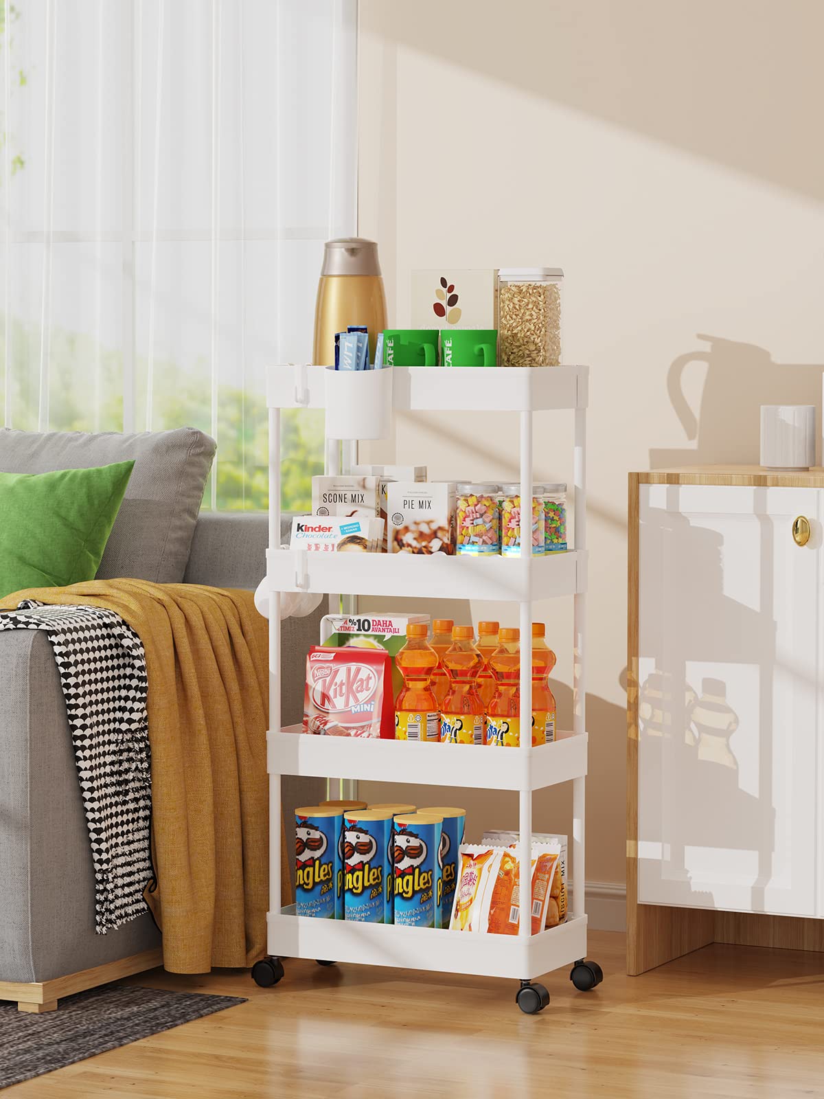 LEHOM Slim Rolling Storage Cart - 4 Tiers Bathroom Organizer Utility Cart | Slide Out Storage Shelves Mobile Shelving Unit for Kitchen, Bedroom, Office, Laundry Room, Small Narrow Spaces (7.1" W+White)