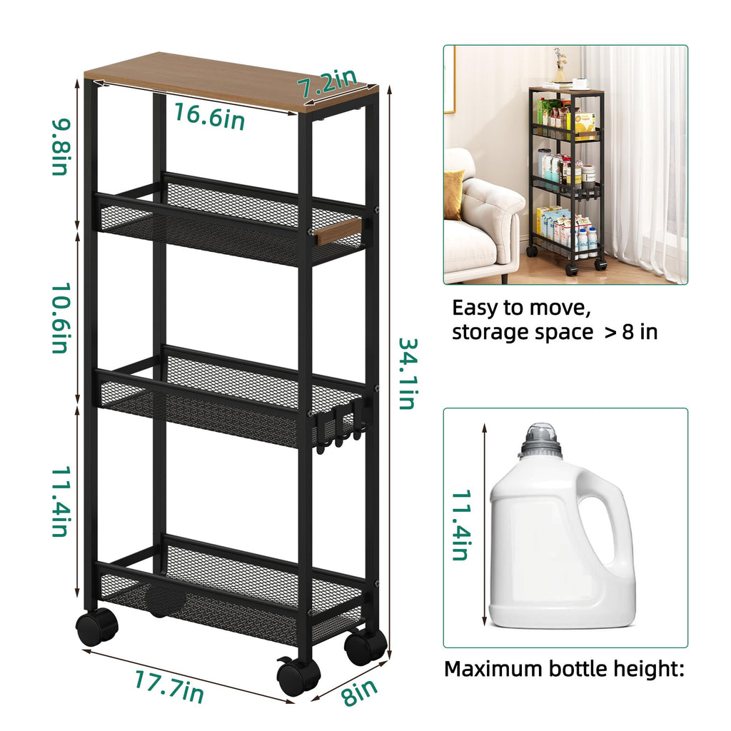 Utility Slim Storage Cart, 4 Tier Rolling Cart with Wheels,  Laundry Shelves for Room Organization