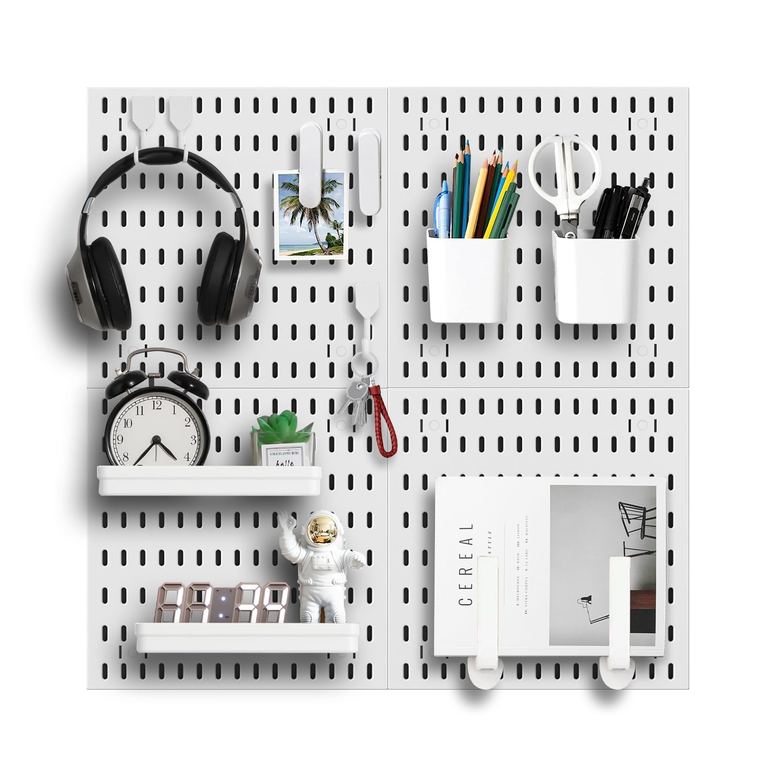 Pegboard Wall Organizer Kit, Modular Storage System, White | 4 Modular 11.8" Pegboards with Hooks & Storage Baskets, Durable ABS/HIPS for Gaming, Office, Craft & Home Organization