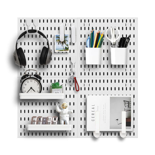 Pegboard Wall Organizer Kit, Modular Storage System, White | 4 Modular 11.8" Pegboards with Hooks & Storage Baskets, Durable ABS/HIPS for Gaming, Office, Craft & Home Organization