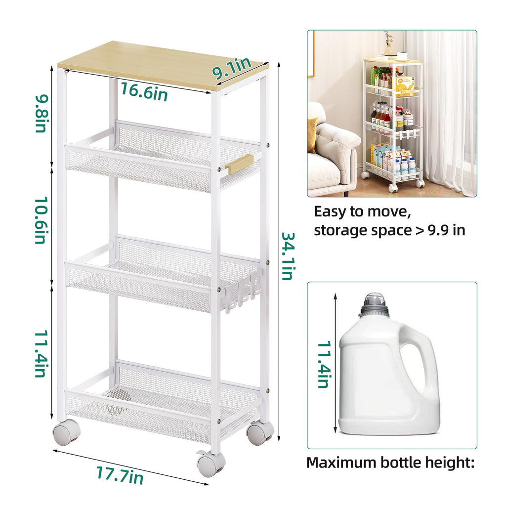 Utility Slim Storage Cart, 4 Tier Rolling Cart with Wheels,  Laundry Shelves for Room Organization