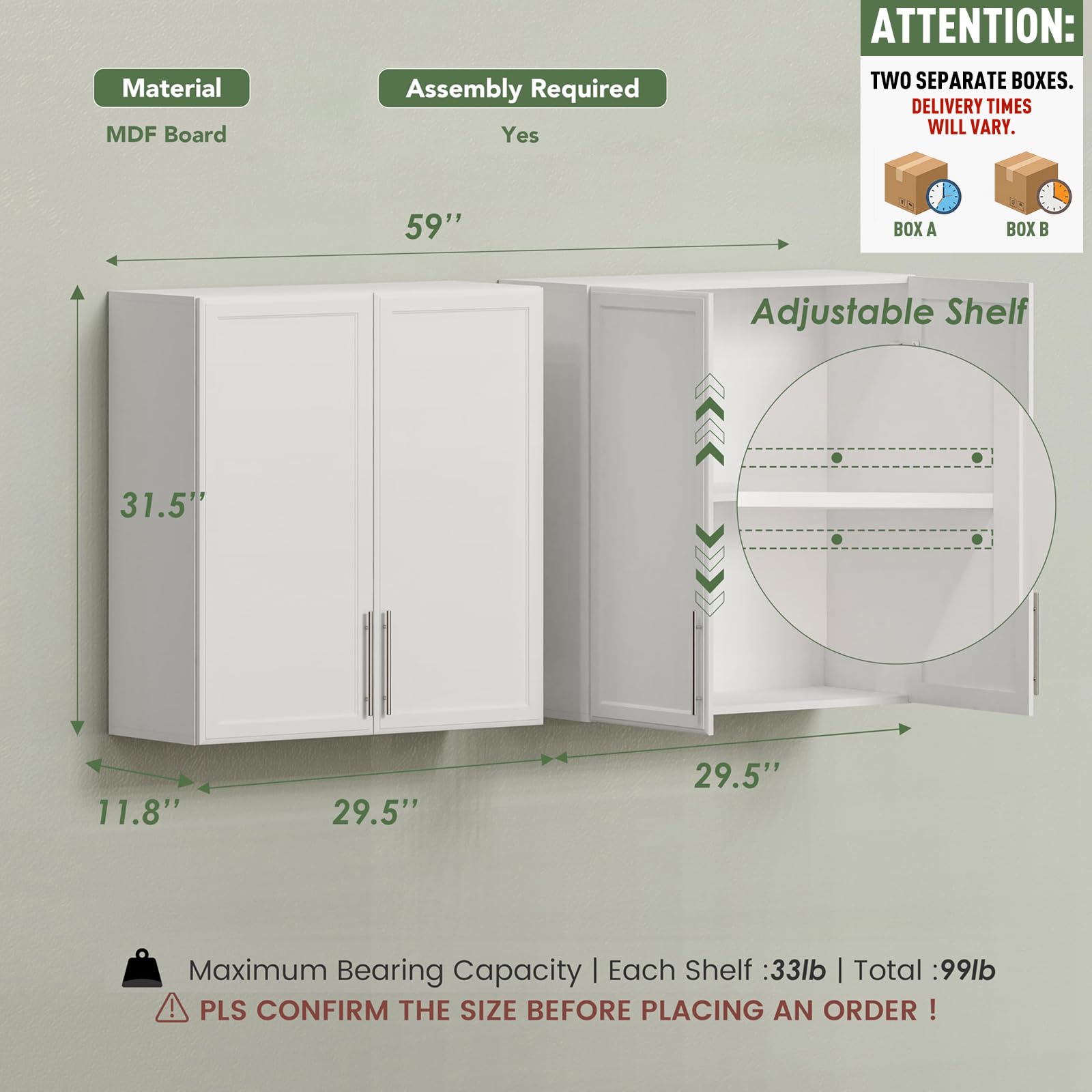 59" Wall Cabinets for Laundry Room with Adjustable Shelf