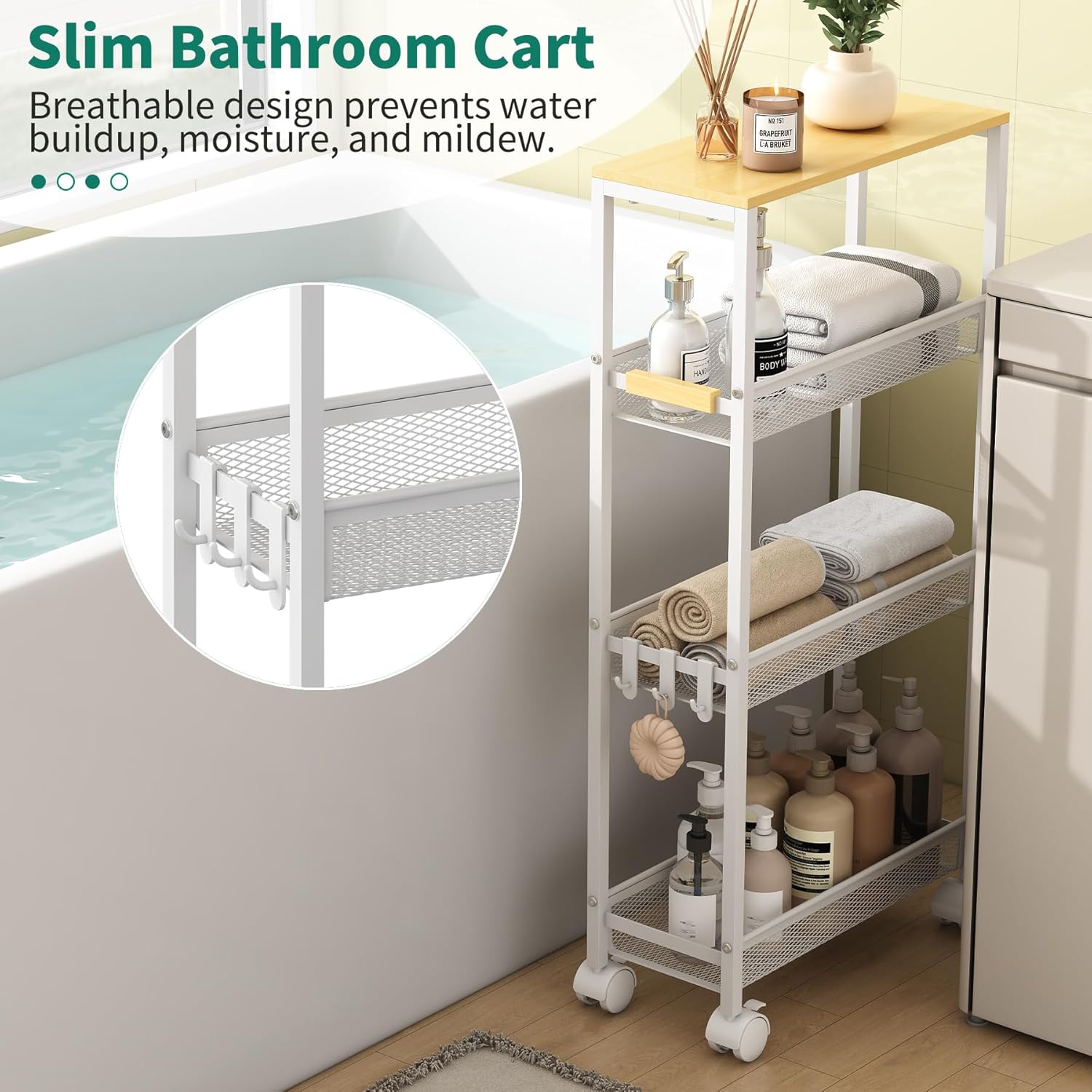 Utility Slim Storage Cart, 4 Tier Rolling Cart with Wheels,  Laundry Shelves for Room Organization
