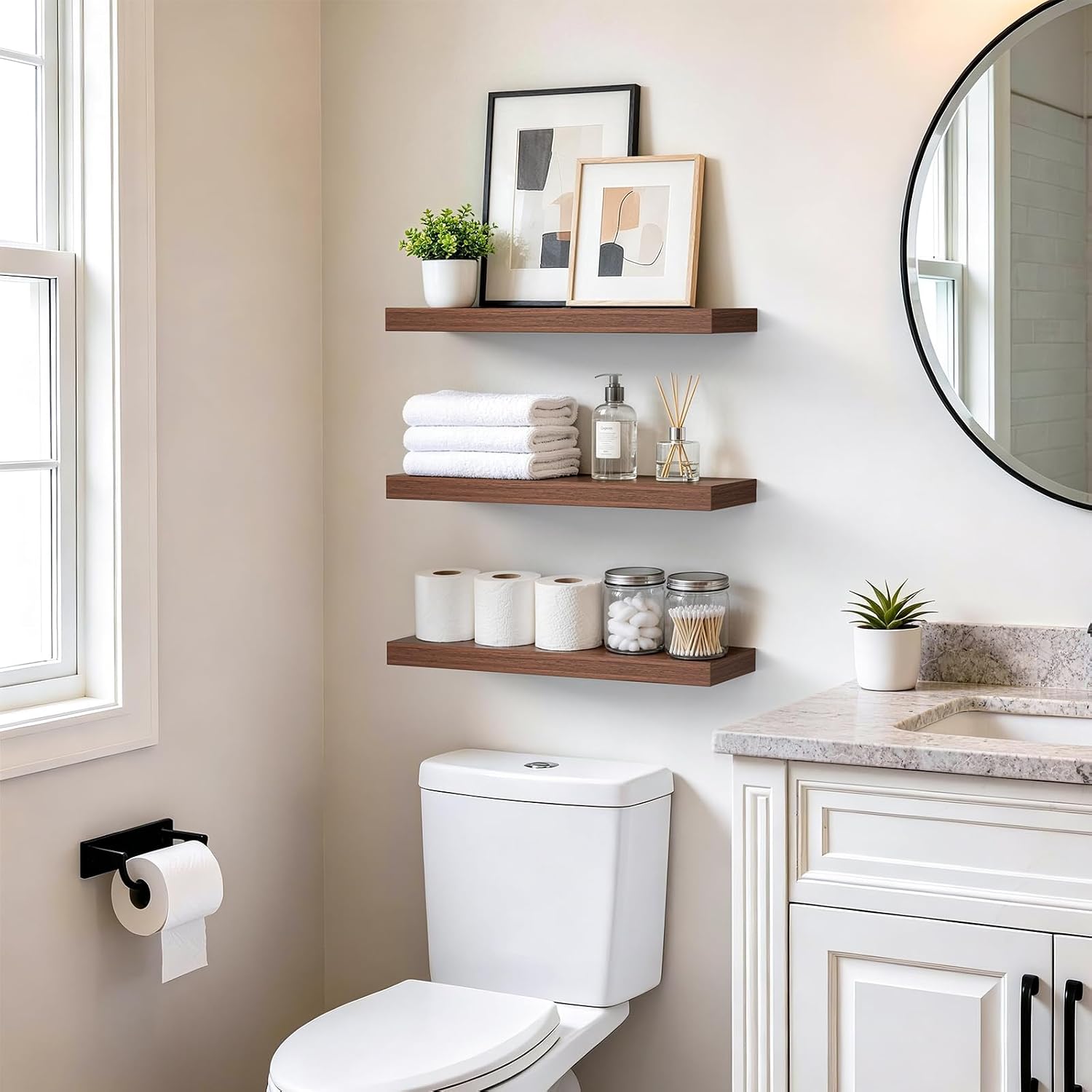 Rustic Brown Bathroom Floating Shelves