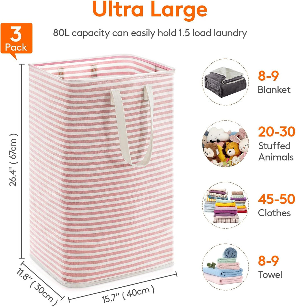 2 Pack Laundry Basket 80L Each, Collapsible Clothes Hamper with Reinforced Handles