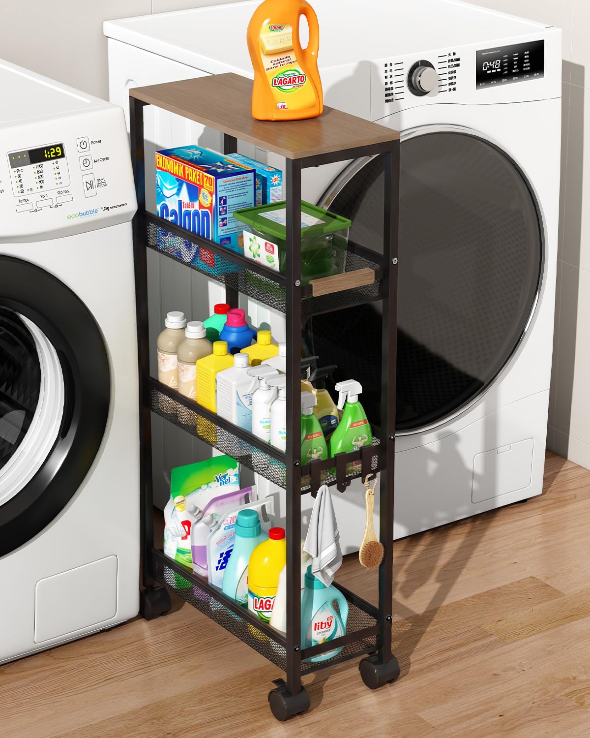 Utility Slim Storage Cart, 4 Tier Rolling Cart with Wheels,  Laundry Shelves for Room Organization