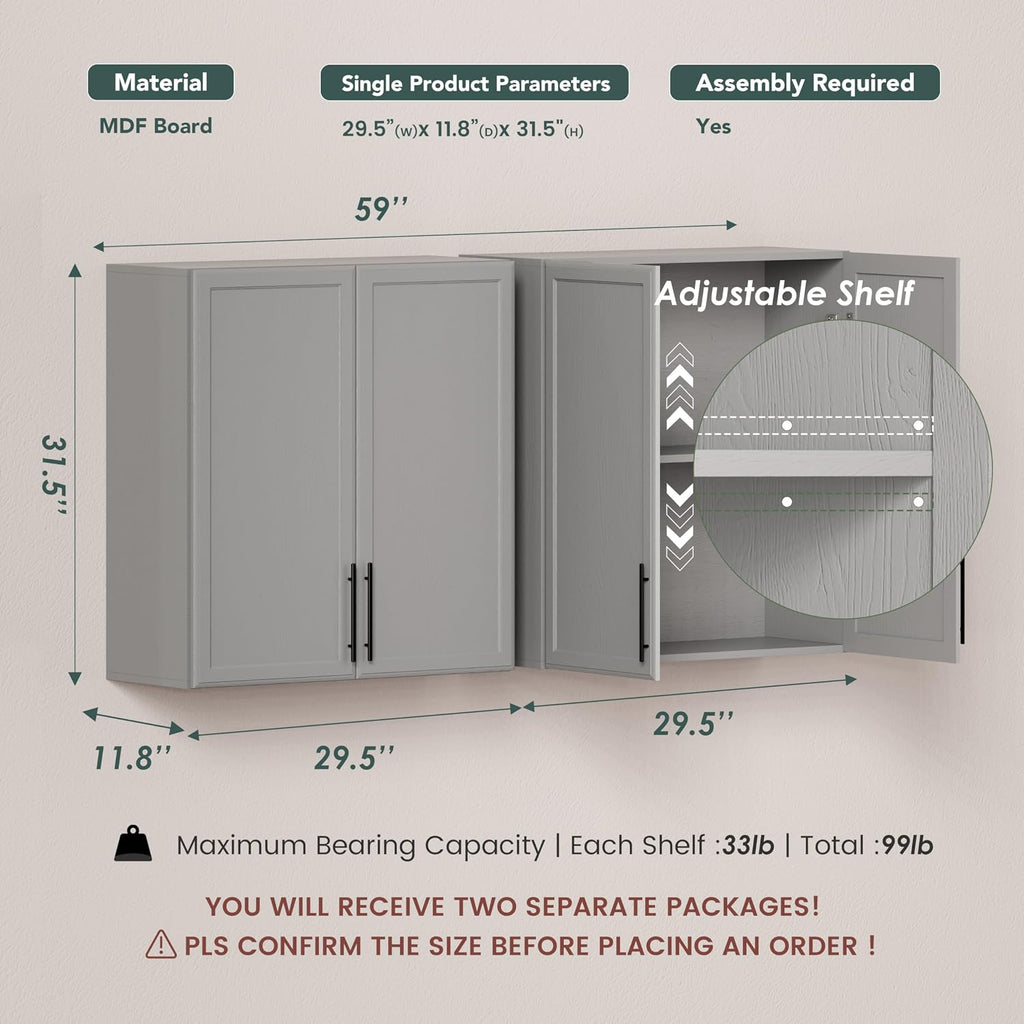 59" Wall Cabinets for Laundry Room with Adjustable Shelf