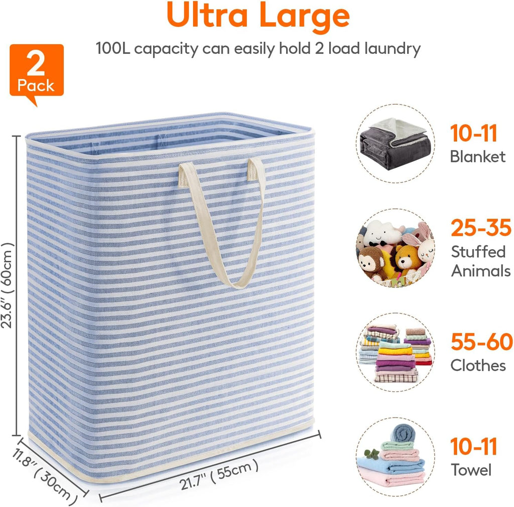 2 Pack Laundry Basket 80L Each, Collapsible Clothes Hamper with Reinforced Handles