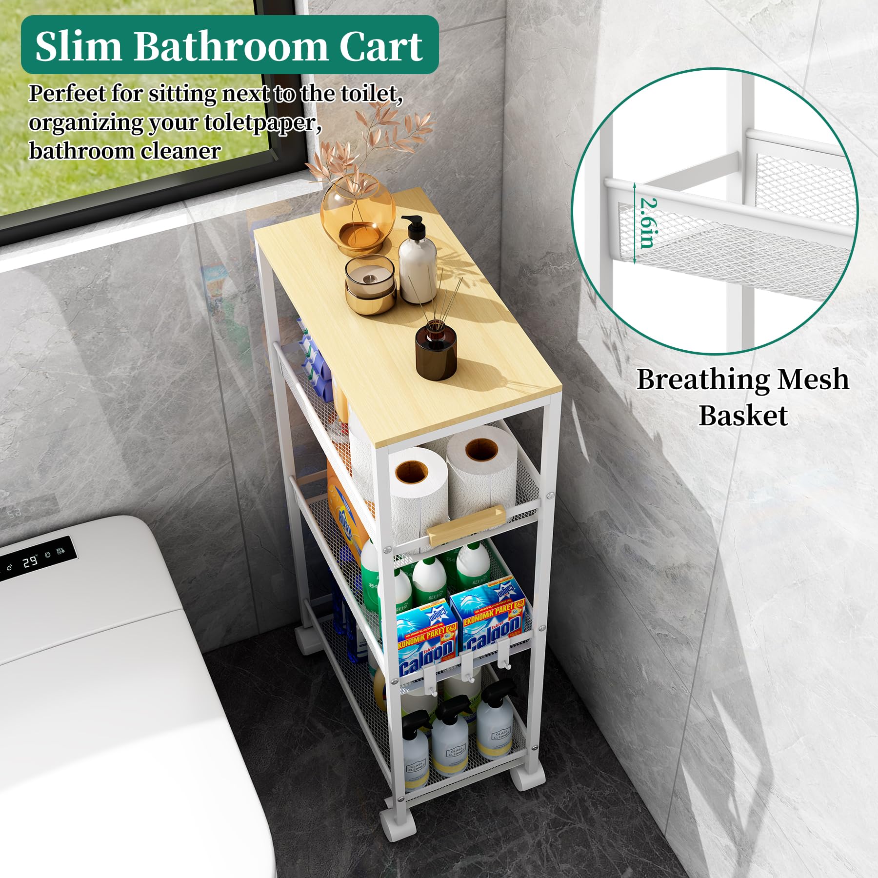 Utility Slim Storage Cart, 4 Tier Rolling Cart with Wheels,  Laundry Shelves for Room Organization