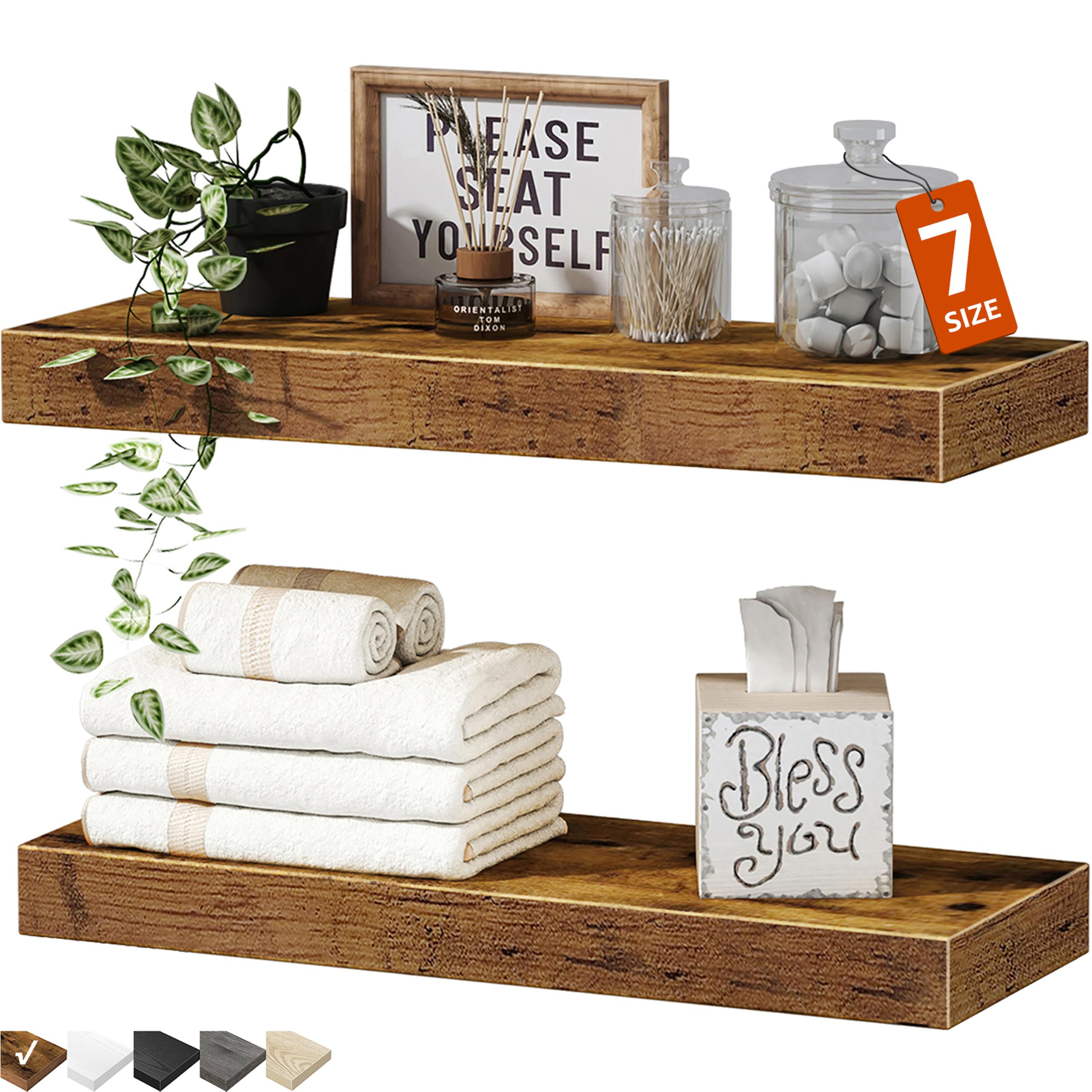 QEEIG Bathroom Floating Shelves for Wall - 15.7" Wall Mounted Shelf Over Toilet Farmhouse Home Decor Display Bookshelf Small 15.7 x 6.7 inch Set of 2, Rustic Brown (008-40BN)