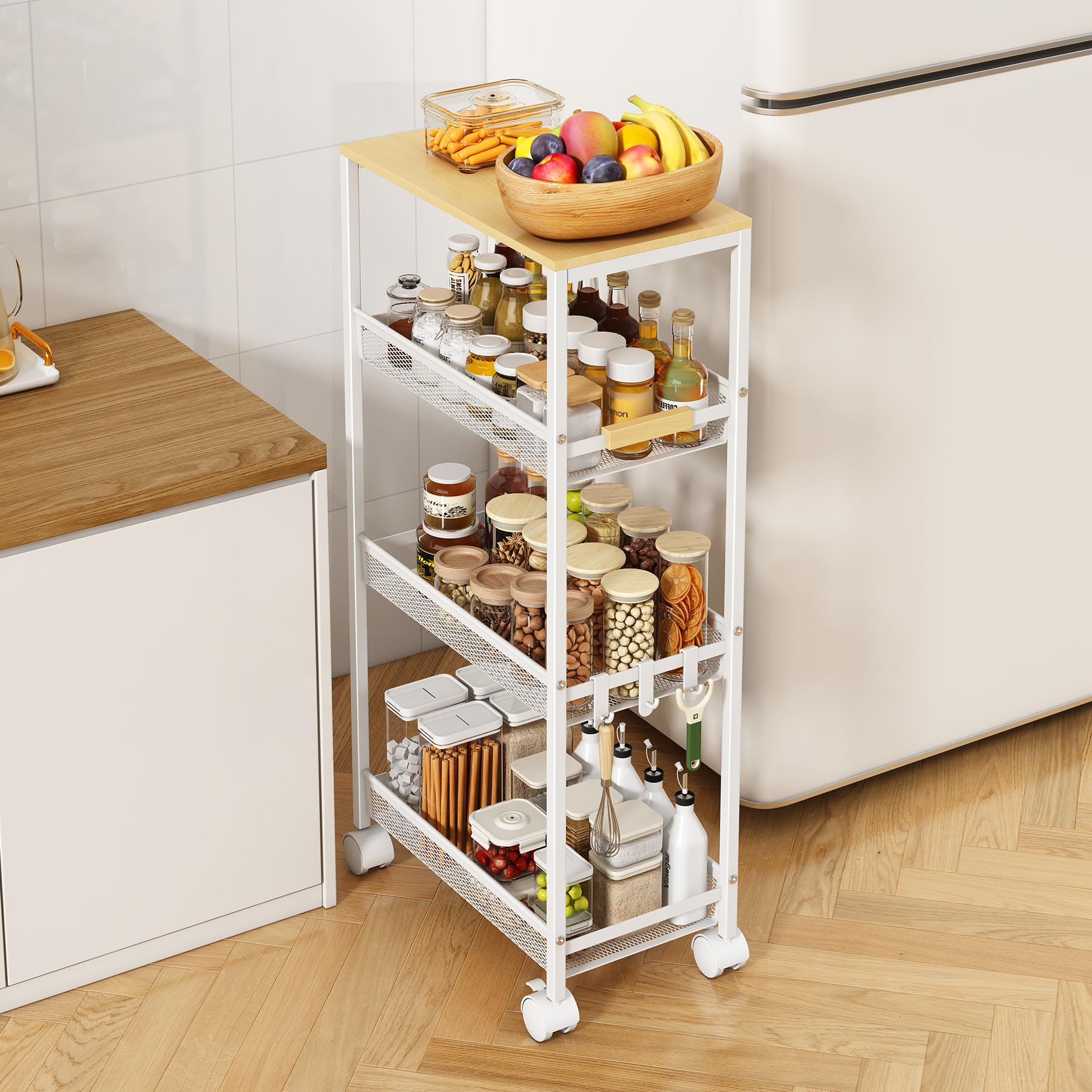 Utility Slim Storage Cart, 4 Tier Rolling Cart with Wheels,  Laundry Shelves for Room Organization