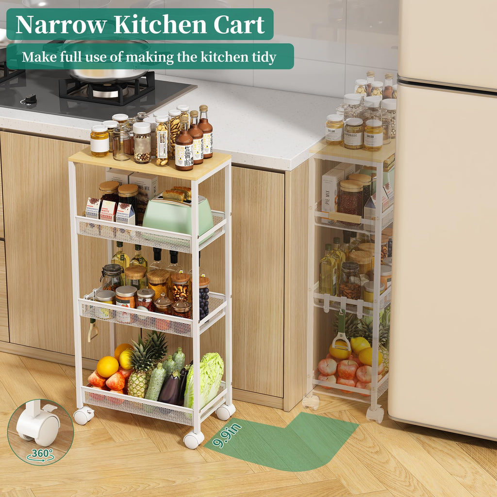 Utility Slim Storage Cart, 4 Tier Rolling Cart with Wheels,  Laundry Shelves for Room Organization