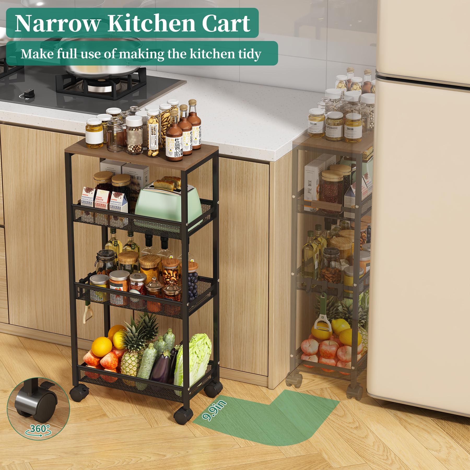 Utility Slim Storage Cart, 4 Tier Rolling Cart with Wheels,  Laundry Shelves for Room Organization