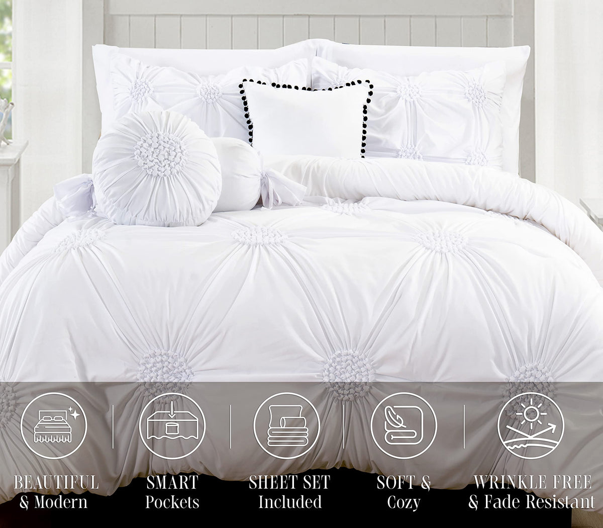 Elegant Comfort Ultra Soft 10-Piece Sunflower Bed-in-a-Bag, Comforter Set Featuring Decorative Pillows and Fitted Sheet with Storage Pockets, Sunflower Comforter, King, Gardenia White