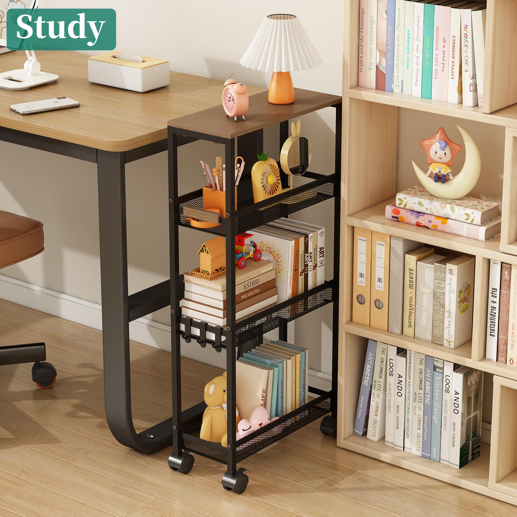 Utility Slim Storage Cart, 4 Tier Rolling Cart with Wheels,  Laundry Shelves for Room Organization