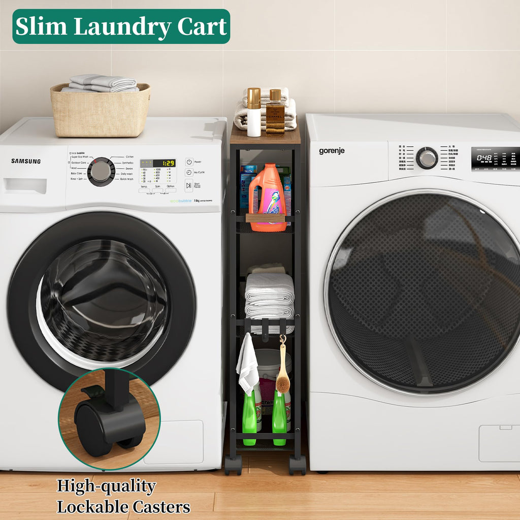 Utility Slim Storage Cart, 4 Tier Rolling Cart with Wheels,  Laundry Shelves for Room Organization