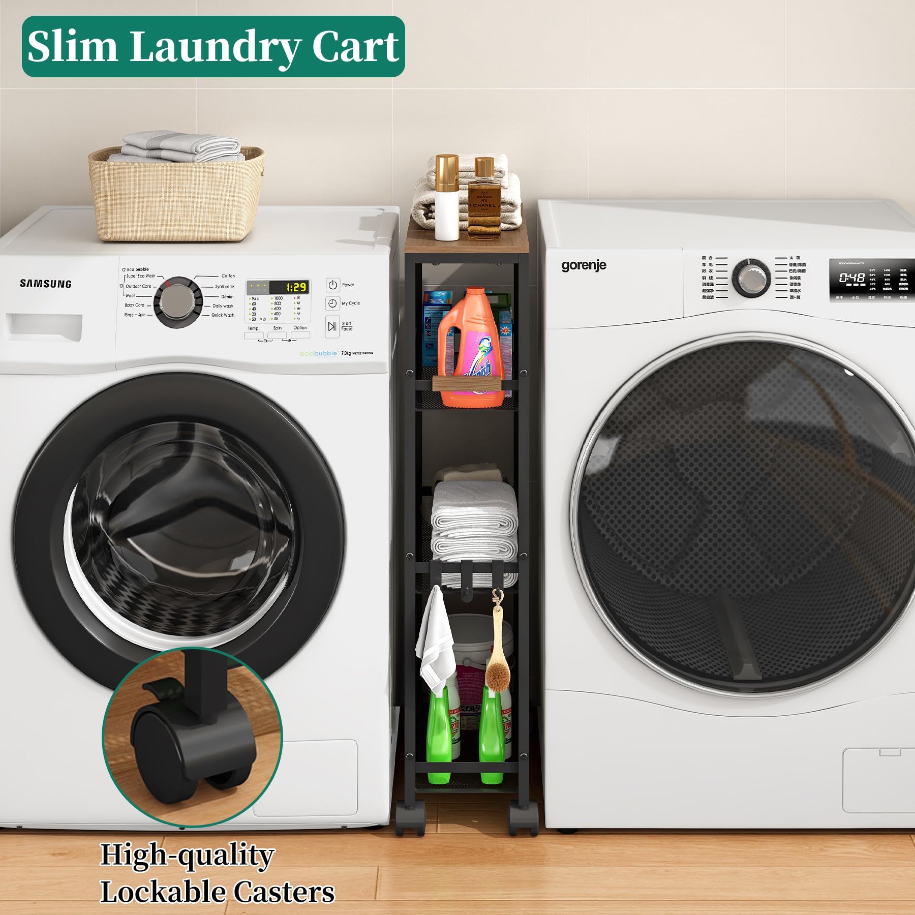 Utility Slim Storage Cart, 4 Tier Rolling Cart with Wheels,  Laundry Shelves for Room Organization
