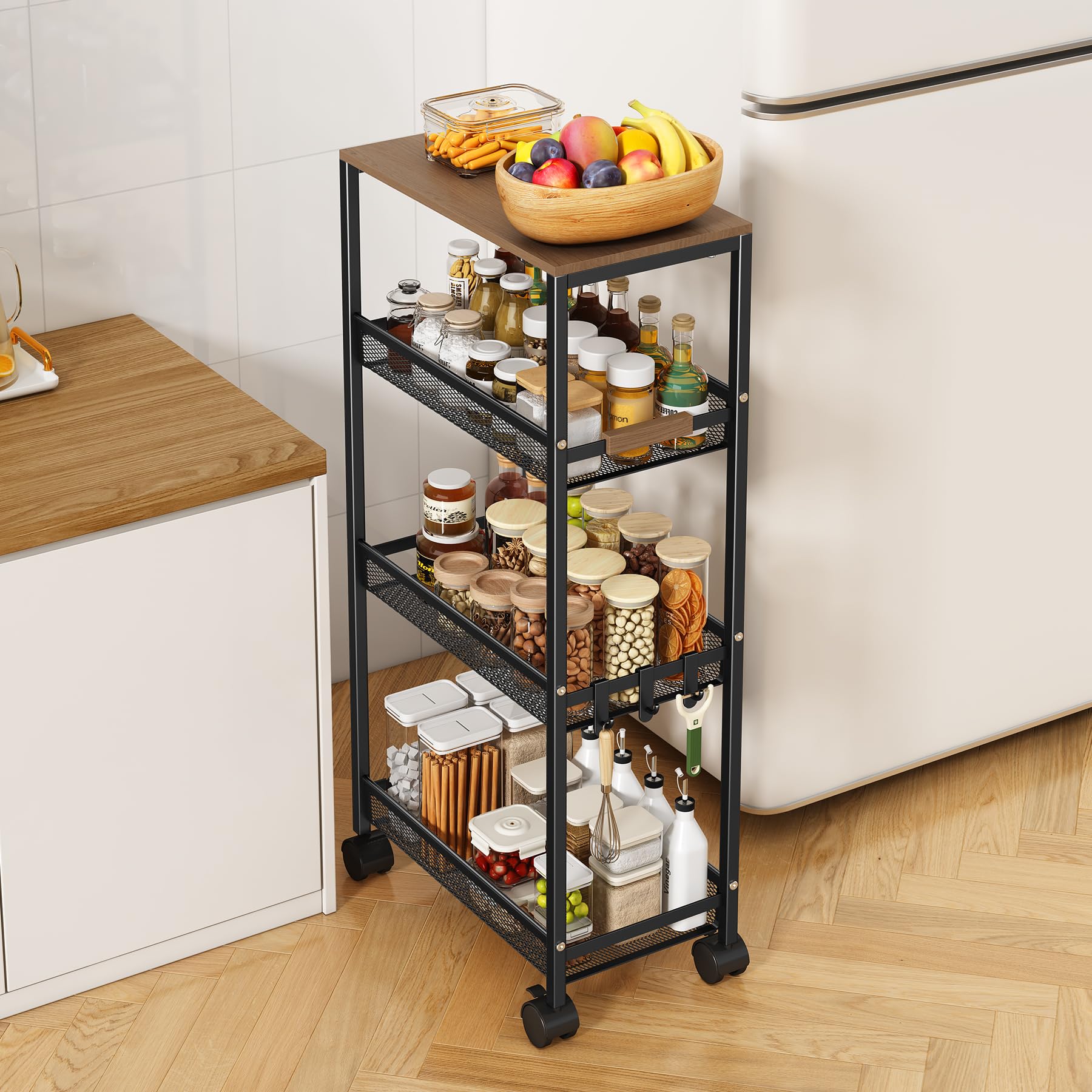 Utility Slim Storage Cart, 4 Tier Rolling Cart with Wheels,  Laundry Shelves for Room Organization