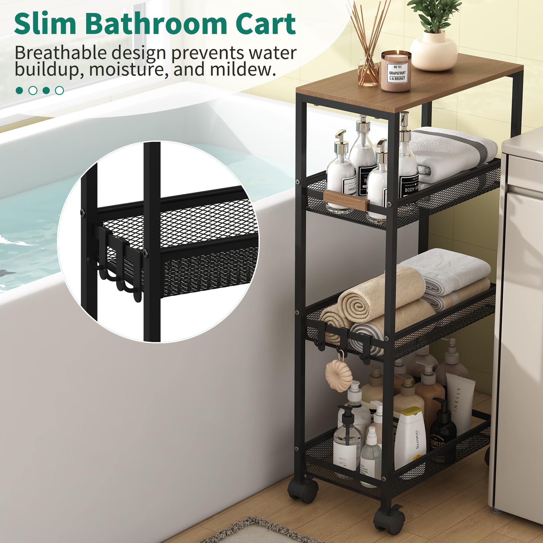 Utility Slim Storage Cart, 4 Tier Rolling Cart with Wheels,  Laundry Shelves for Room Organization