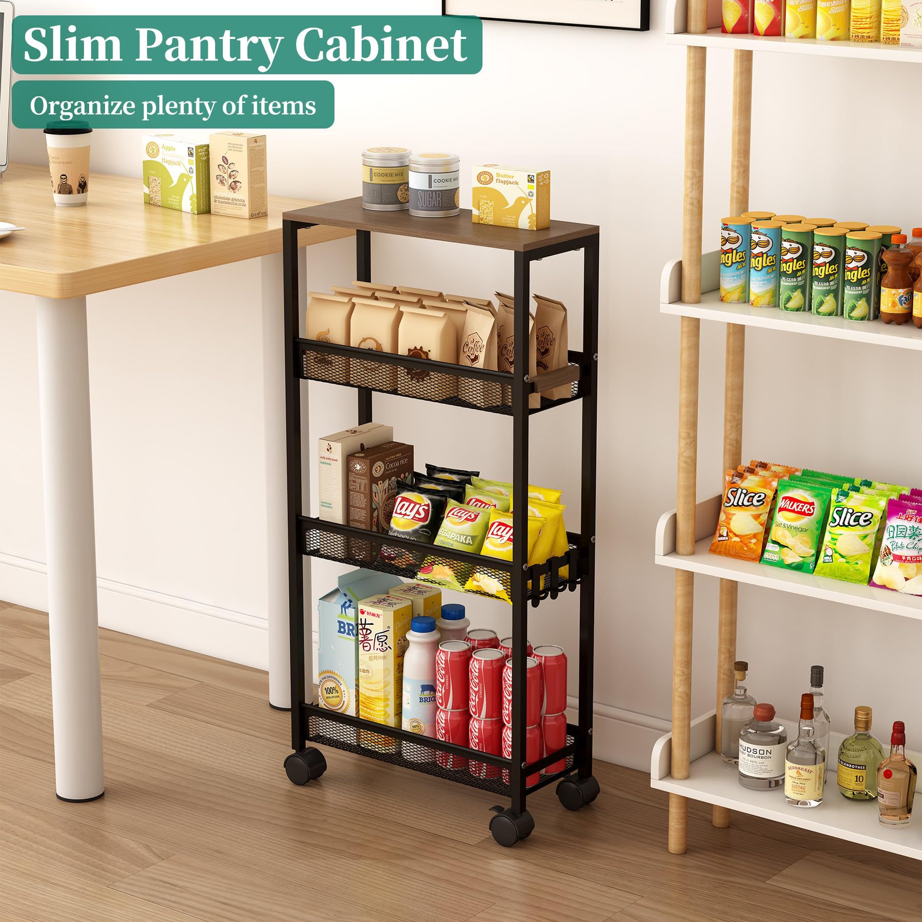 Utility Slim Storage Cart, 4 Tier Rolling Cart with Wheels,  Laundry Shelves for Room Organization