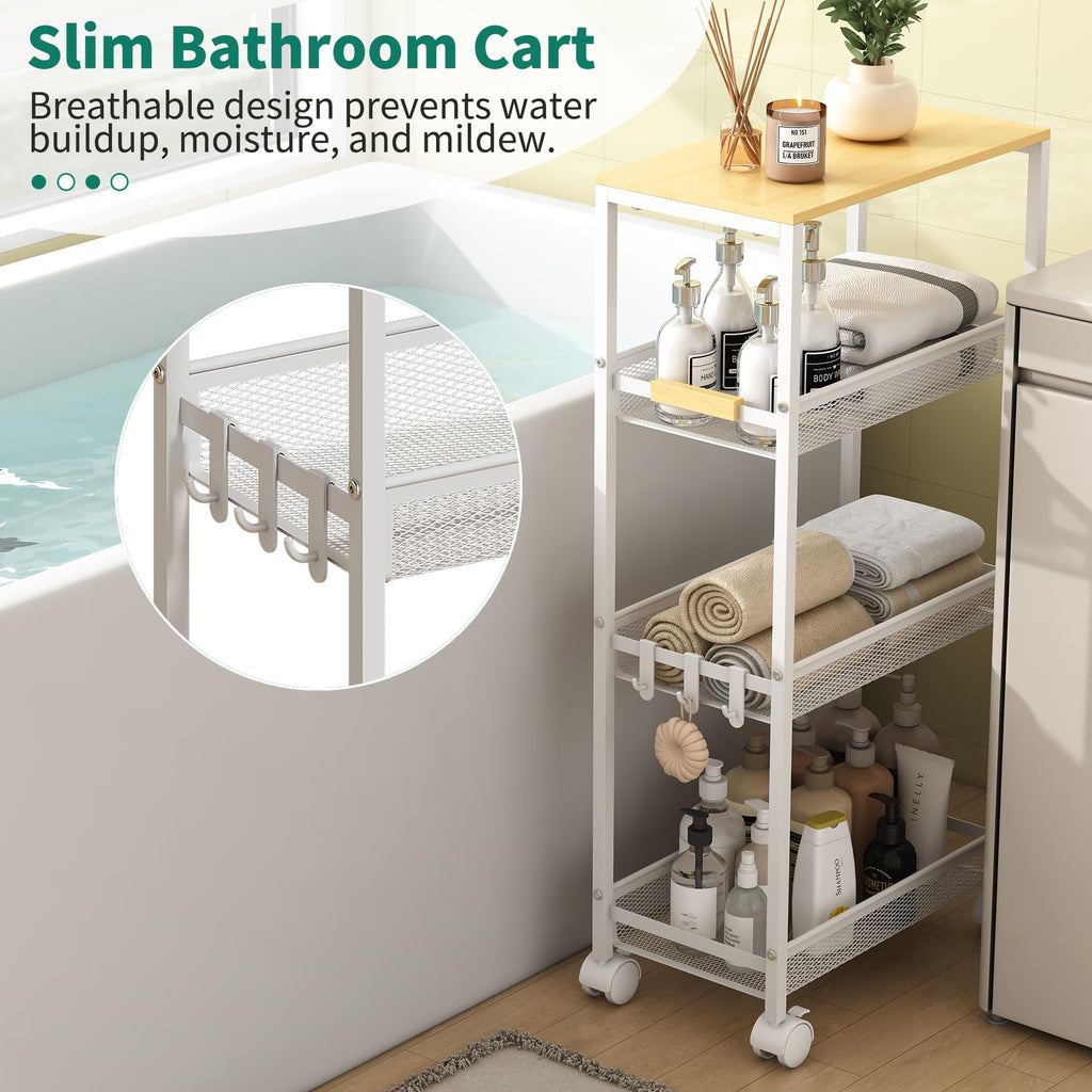 Utility Slim Storage Cart, 4 Tier Rolling Cart with Wheels,  Laundry Shelves for Room Organization