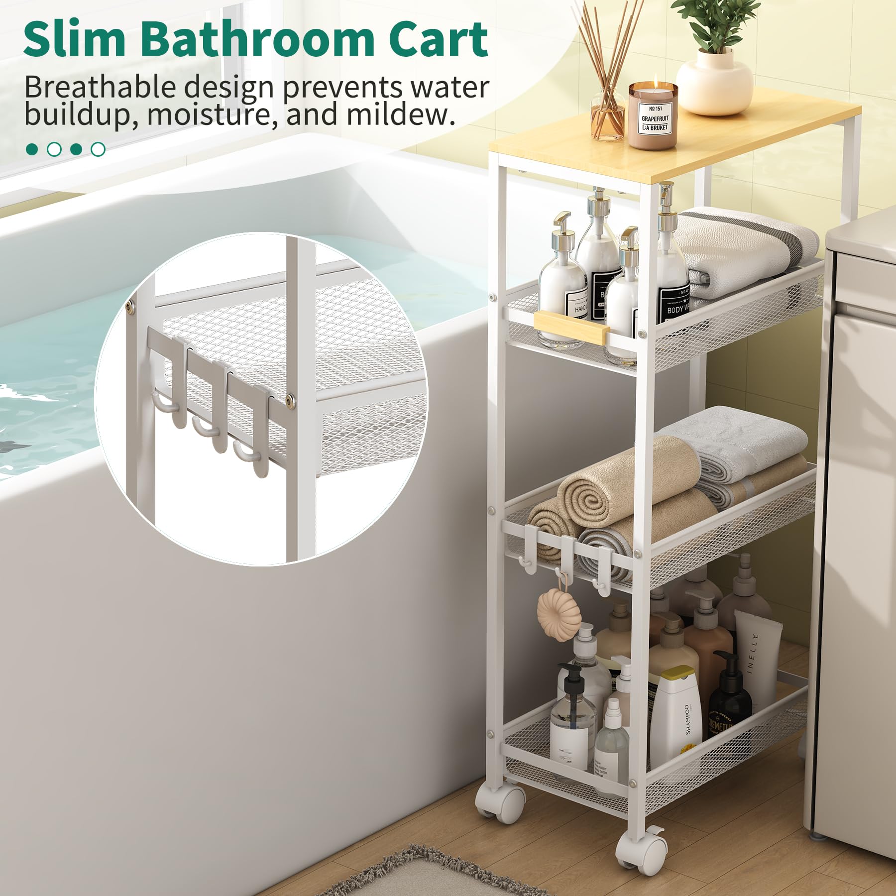 Utility Slim Storage Cart, 4 Tier Rolling Cart with Wheels,  Laundry Shelves for Room Organization