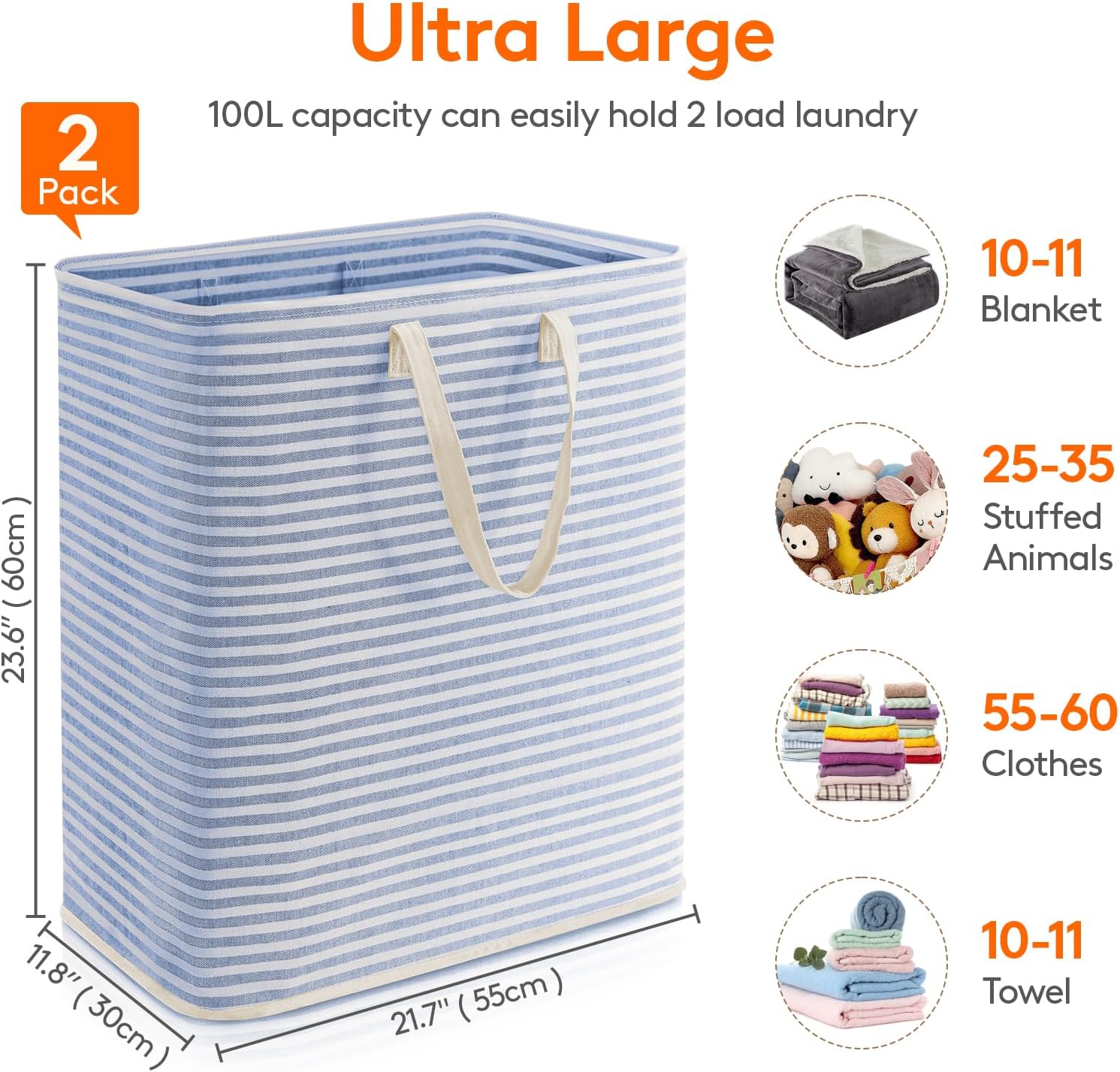 2 Pack Laundry Basket 80L Each, Collapsible Clothes Hamper with Reinforced Handles