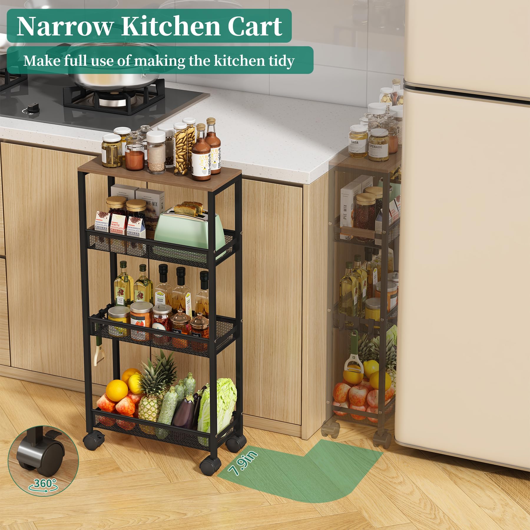 Utility Slim Storage Cart, 4 Tier Rolling Cart with Wheels,  Laundry Shelves for Room Organization